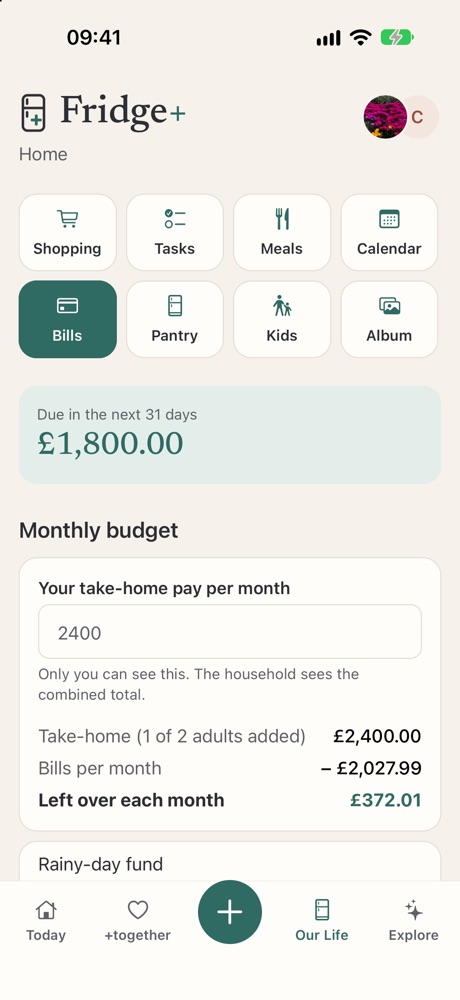 Bills & budget screen